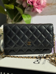 Chanel series 29 (2020) Black Caviar GHW Timeless Classic Wallet on chain (WOC) with magnetic closure